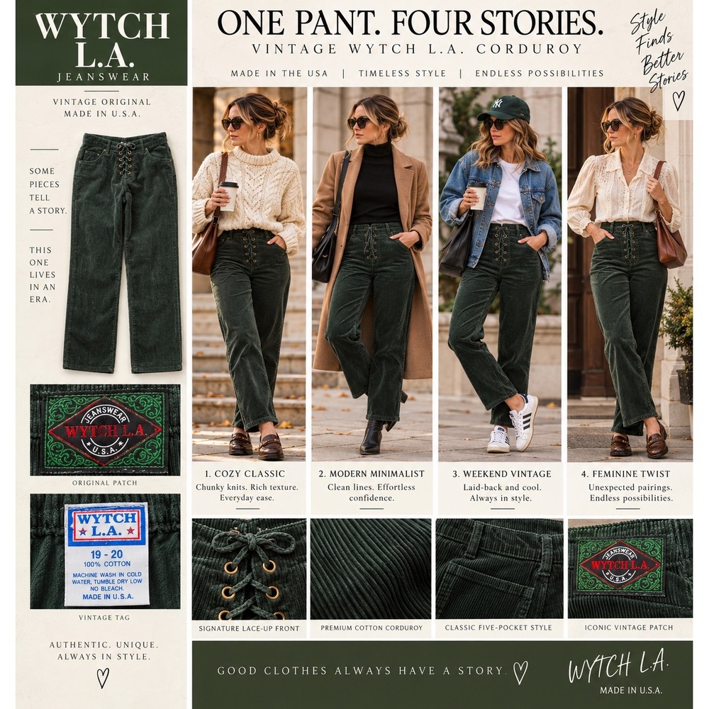Vintage WYTCH LA Corduroy Pants 19/20 Modern 12 14 Green Lace Up Made USA